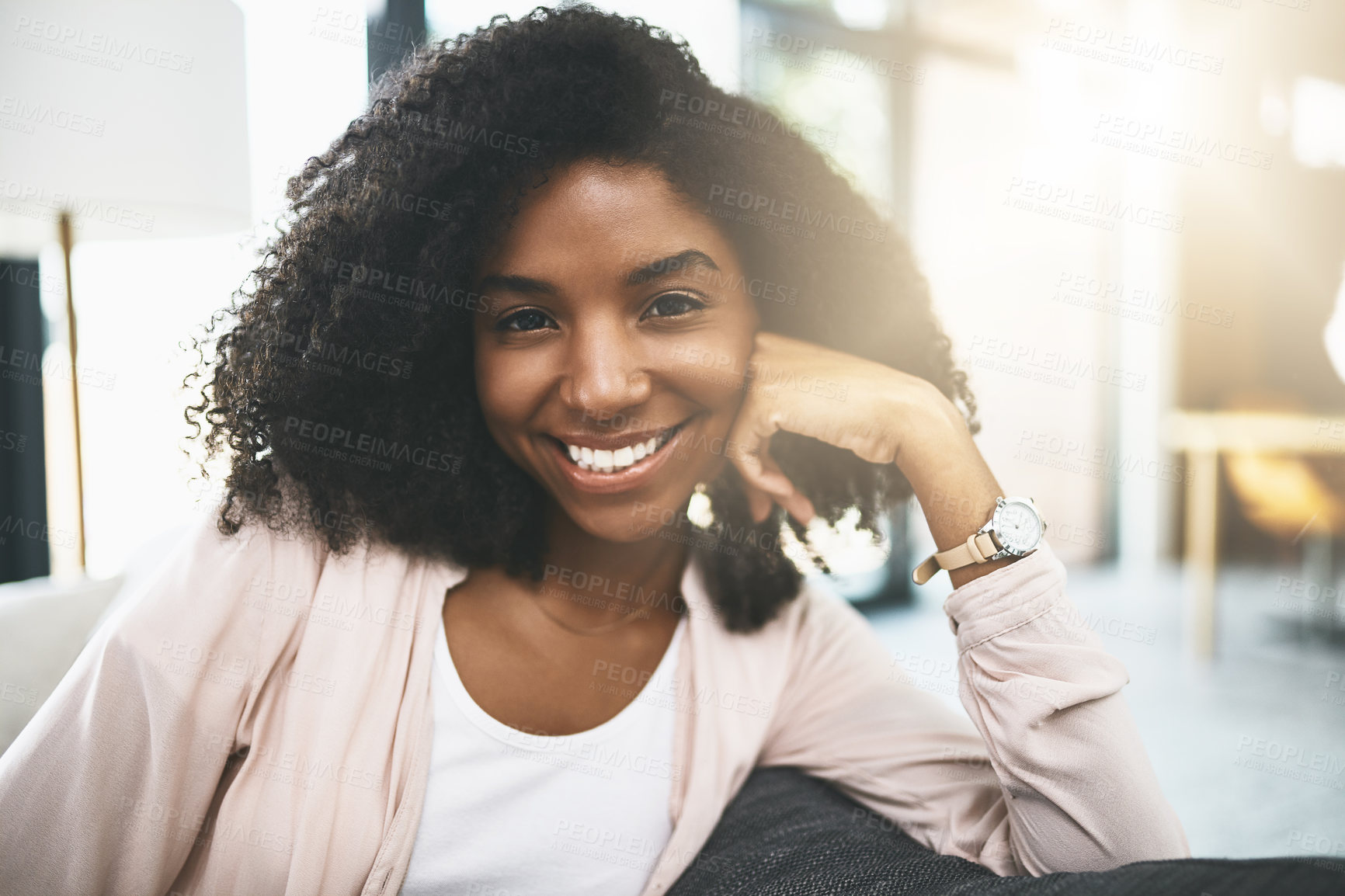 Buy stock photo Living room, happy and portrait of woman on sofa for comfortable, rest and break on weekend. Female person, calm and relax with smile at home for stress relief, confidence and satisfaction in morning