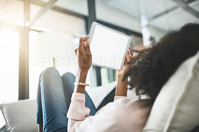 Buy stock photo Black woman, sofa or reading with tablet screen or mockup for internet research, relax lifestyle or blog for ideas. Female person, couch or ebook with website for plan in home, scroll for information