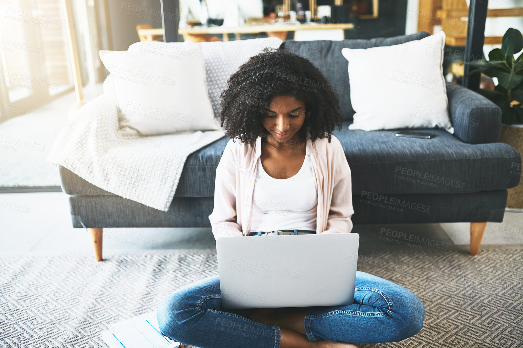 Buy stock photo House, laptop and black woman on floor, internet and typing with connection, website info and relax. African person, apartment and girl with computer, research and student with online assignment