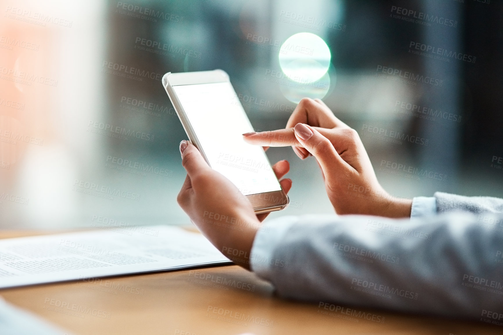 Buy stock photo Closeup, hands and woman a smartphone, mockup and typing with connection, screen or social media. Female person, girl or employee with a cellphone, communication or network with mobile app or contact