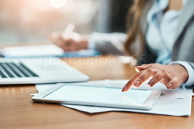 Buy stock photo Tablet, screen and business woman hands for market research, writing and planning at office desk. Typing, search and professional person with digital technology and notes for internet data and mockup