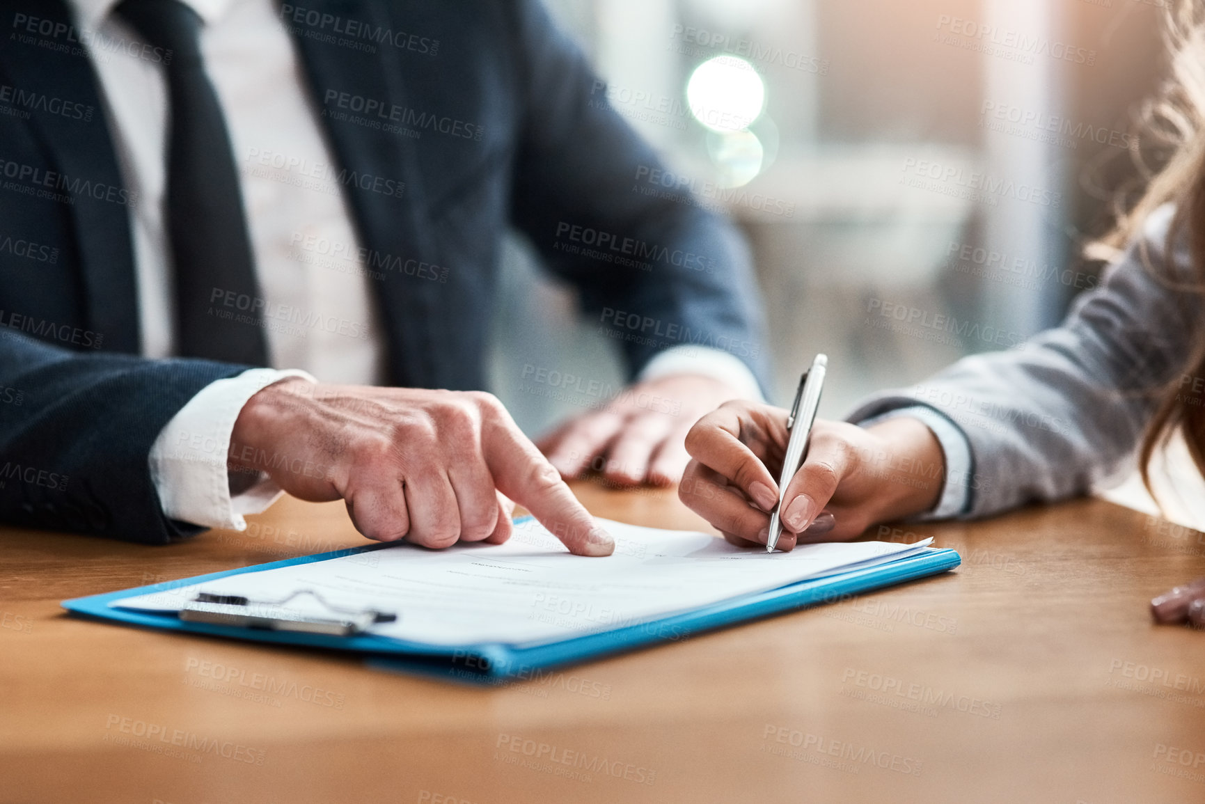 Buy stock photo Documents, signature and business people hands for deal, partnership and legal paperwork, law firm and client advice. Paper of lawyer woman, notary or partner writing sign, compliance and agreement