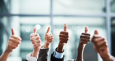 Buy stock photo Winning, thumbs up and group of people thank you, support or teamwork hands for vote, yes or like emoji. Collaboration, target or winner women and men in business ok, diversity success or thanks sign