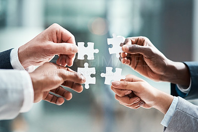 Buy stock photo Puzzle, hands and group of people for solution, teamwork and goals, achievement and workflow success. Team building, games and development of woman and staff problem solving, synergy or collaboration