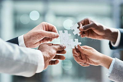 Buy stock photo Solution, business puzzle and group of people hands for goals, project integration and workflow or success. Team building, progress and development of problem solving game, synergy or collaboration