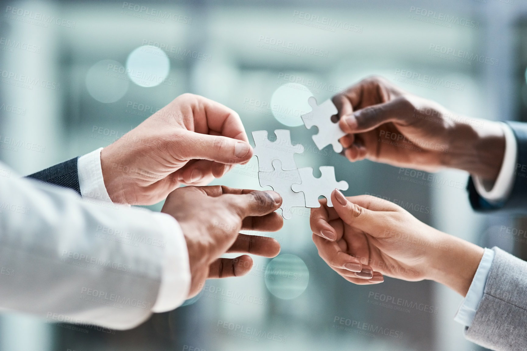 Buy stock photo Solution, business puzzle and group of people hands for goals, project integration and workflow or success. Team building, progress and development of problem solving game, synergy or collaboration