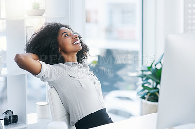 Buy stock photo Finish, thinking or happy businesswoman in office to relax for task achievement, good news or success. End, computer or consultant daydreaming with smile for resting, calm freedom or stretching arms