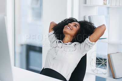 Buy stock photo Finish, thinking or black woman with business in office for task achievement, good news or job done. End, relax or happy consultant with smile and confidence for resting, break or stretching arms
