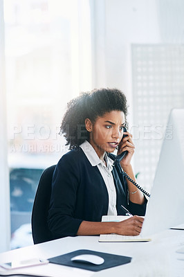 Buy stock photo Phone call, receptionist or black woman on computer for writing, contact or business for planning. PA, talking or secretary with telephone, journal or diary notes for communication or appointment