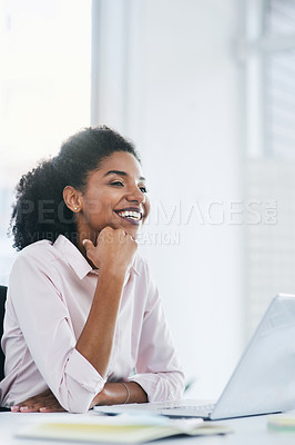 Buy stock photo Thinking, happy or black woman in business for inspiration, project ideas or future job in office on laptop. Solution, vision or confident consultant daydreaming for decision, opportunity or choice