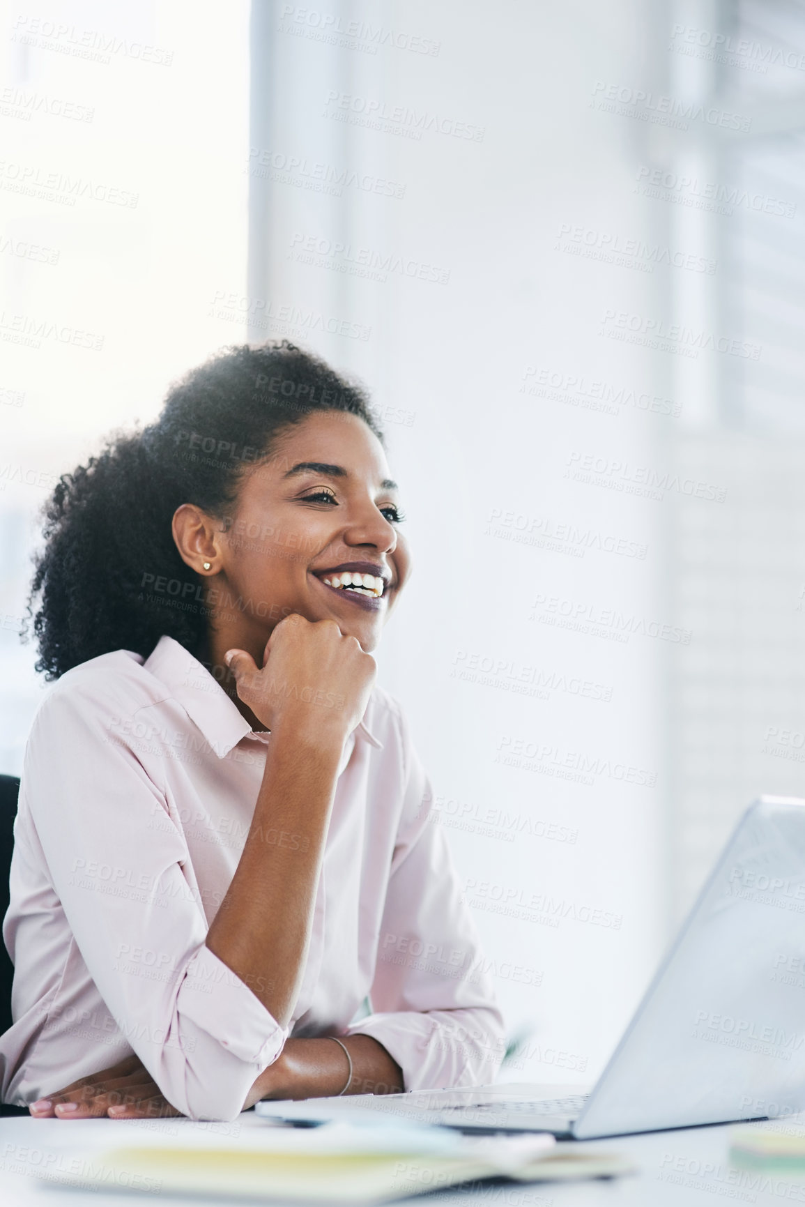 Buy stock photo Thinking, happy or black woman in business for inspiration, project ideas or future job in office on laptop. Solution, vision or confident consultant daydreaming for decision, opportunity or choice