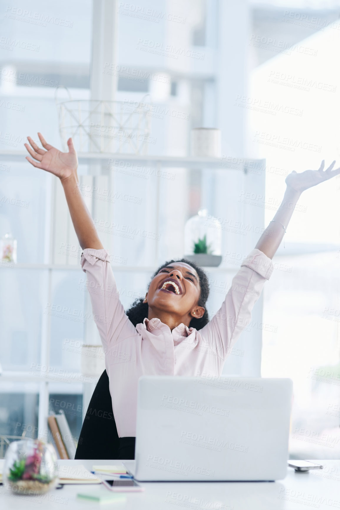 Buy stock photo Excited businesswoman, laptop and success celebration of winning or goal with profit, bonus or promotion. Prize, sales and happy consultant in office for investment good news or financial increase