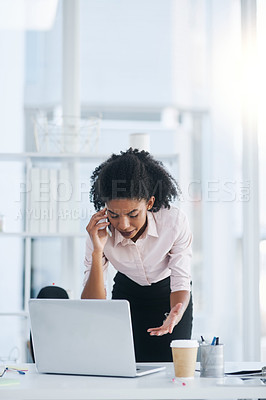 Buy stock photo Phone call, office and business with woman, laptop and connection with conversation, stress and communication. Person, employee and insurance agent with smartphone, help desk and contact with mistake