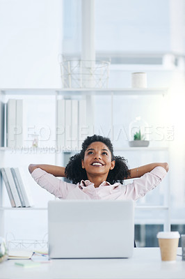 Buy stock photo Finish, thinking or happy black woman in business or office for task achievement, good news or job done. End, relax or calm consultant with smile and confidence for resting, break or stretching arms