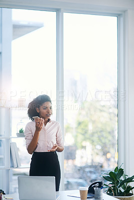 Buy stock photo Black woman, business or voice for phone call in schedule planning, discussion or conversation at office. Listen, laptop or African consultant talking on mobile speaker for project ideas at workplace