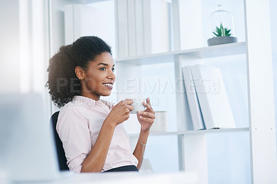 Buy stock photo Thinking, relax or happy businesswoman with coffee for inspiration, ideas or future job in office or startup. Smile, tea drink or confident consultant daydreaming for decision, opportunity and choice