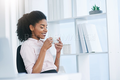 Buy stock photo Office, business and woman with coffee, smile and corporate professional with peace, aroma and smelling. Latte, employee and consultant with morning tea, thinking and insurance agent in workplace