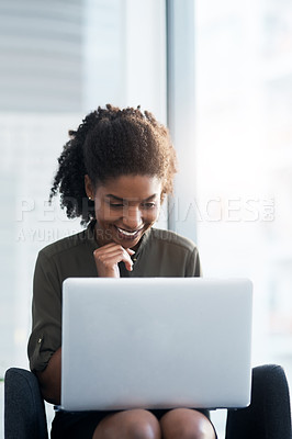 Buy stock photo Woman, business and laptop in office for reading emails, project management and daily corporate news or growth. Female entrepreneur, digital technology and research, online and review feedback.