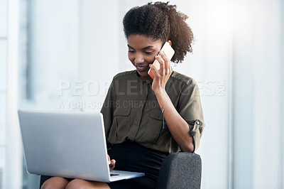 Buy stock photo Phone call, business and woman with laptop, office and connection with typing, smile and online reading. Person, employee and agent with computer, cellphone and contact with research and digital app