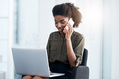 Buy stock photo Phone call, business and woman with laptop, speaking and connection with typing, digital app and online reading. Person, consultant or agent with computer, cellphone or contact with research or smile