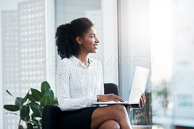 Buy stock photo Business woman, office and laptop work with view at window with thinking and public relations email. Employee, technology and idea at company startup with digital project and computer with smile