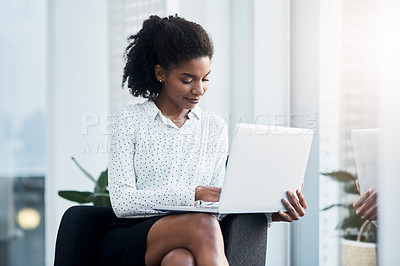 Buy stock photo Typing, business and woman with laptop in office for reading emails, project management and daily corporate news or growth. Entrepreneur, digital technology and research, online and review feedback.