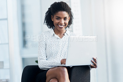 Buy stock photo Black woman, portrait and laptop with smile in office for reading emails, project management and corporate news or growth. Female entrepreneur, digital technology and research, online and business