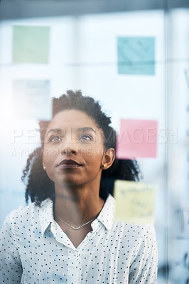 Buy stock photo Glass, thinking and business with woman, office and solution with planning for project, decision and choice. Person, employee or consultant with transparent board, ideas and seo with wall or creative