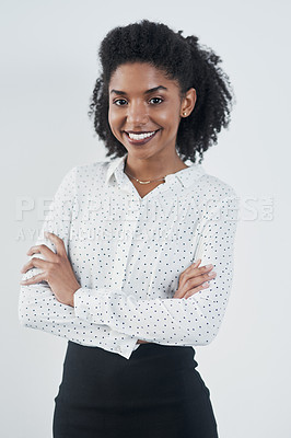 Buy stock photo Happy, business and portrait of black woman with arms crossed in studio isolated on a white background. Smile, confidence and face of female professional, entrepreneur or person from South Africa.