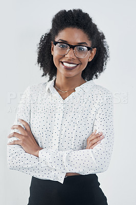 Buy stock photo Smile, business and portrait of black woman with arms crossed in studio isolated on a white background mockup. Glasses, confidence and face of professional, entrepreneur or person from South Africa.