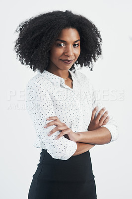 Buy stock photo Business, confident and portrait of black woman with arms crossed in studio isolated on a white background. Serious, face and African female professional, entrepreneur or person from South Africa.