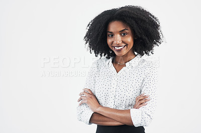 Buy stock photo Business, smile and portrait of black woman with arms crossed in studio isolated on a white background mockup. Confidence, face and African female professional, entrepreneur or person from Nigeria.