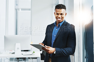 Buy stock photo Tablet, portrait and business black man in office for research project, website review and internet. Corporate worker, happy and person on digital tech for networking, planning and startup company