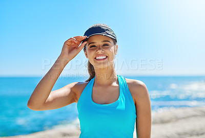 Buy stock photo Happy, portrait and fitness for woman, beach and activity for marathon, healthy and training in nature. Outdoor, athlete and person with sportswear, runner and smile for wellness, energy and Canada