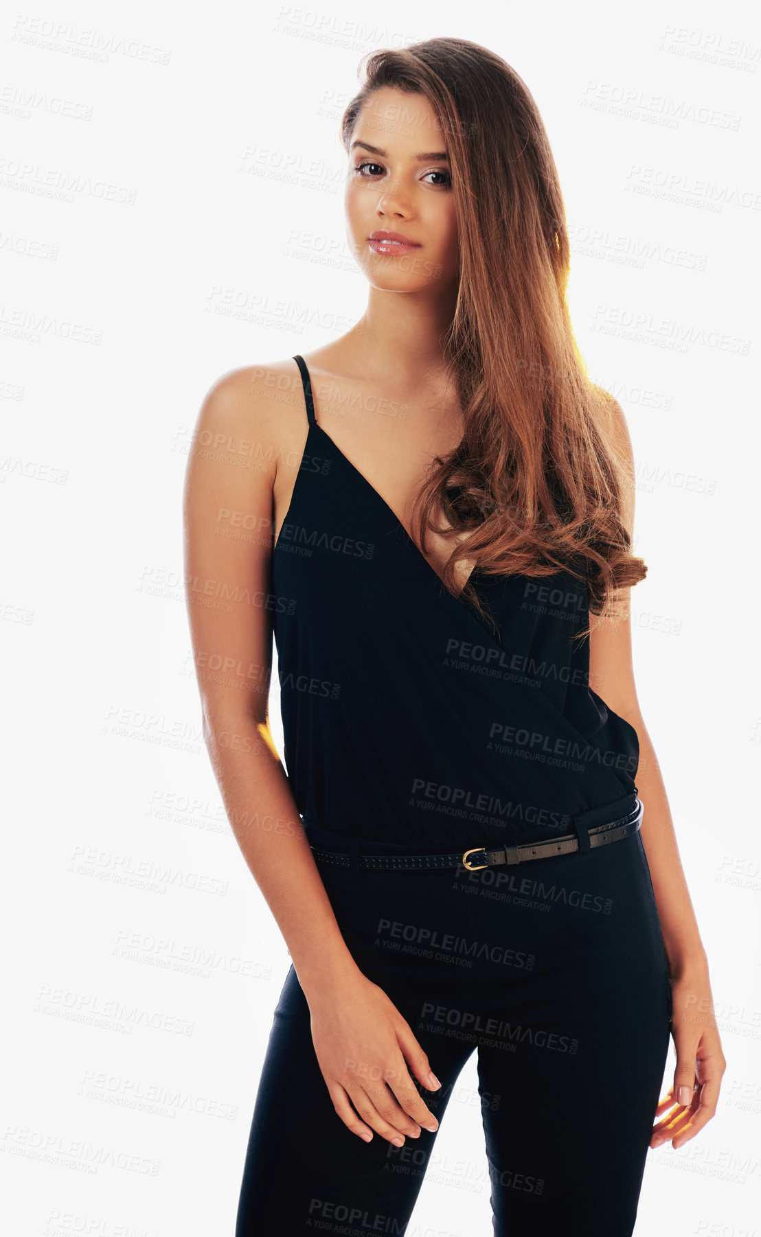 Buy stock photo Hair care, fashion and portrait of girl in studio with glow or cool makeup on white background. Wellness, cosmetics or confident model woman in trendy clothes or chic style with beauty in Portugal