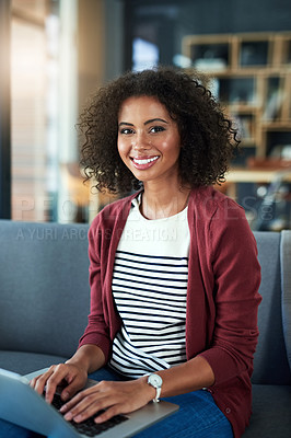 Buy stock photo Remote work, happy and portrait of woman with laptop, online banking and email at home. Female writer, smile and tech on sofa for internet, creative writing or article on social media in Brazil