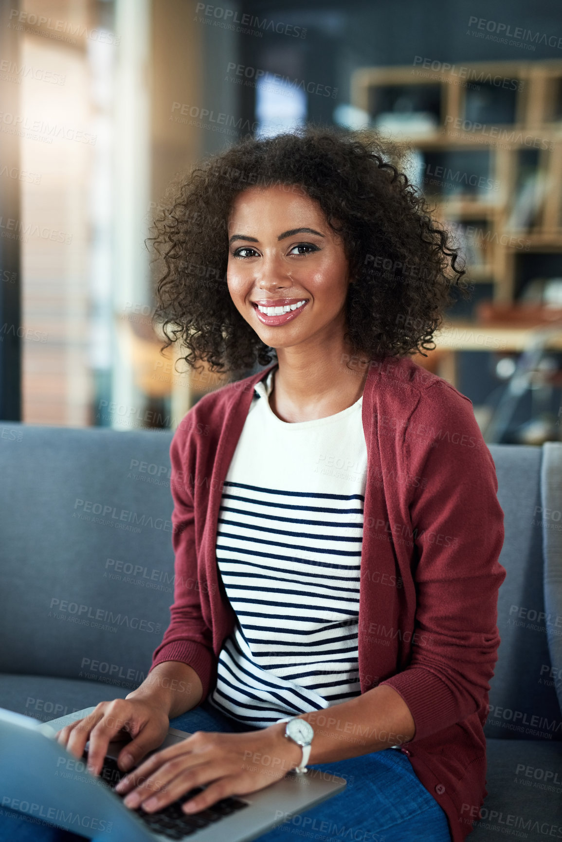 Buy stock photo Remote work, happy and portrait of woman with laptop, online banking and email at home. Female writer, smile and tech on sofa for internet, creative writing or article on social media in Brazil