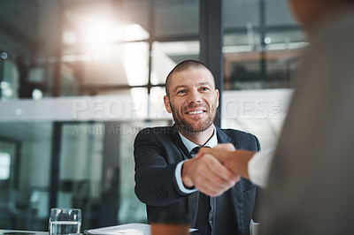 Buy stock photo Business people, handshake and partnership in meeting for hiring, deal or b2b agreement at office. Happy businessman shaking hands in recruiting, teamwork or introduction and welcome at the workplace