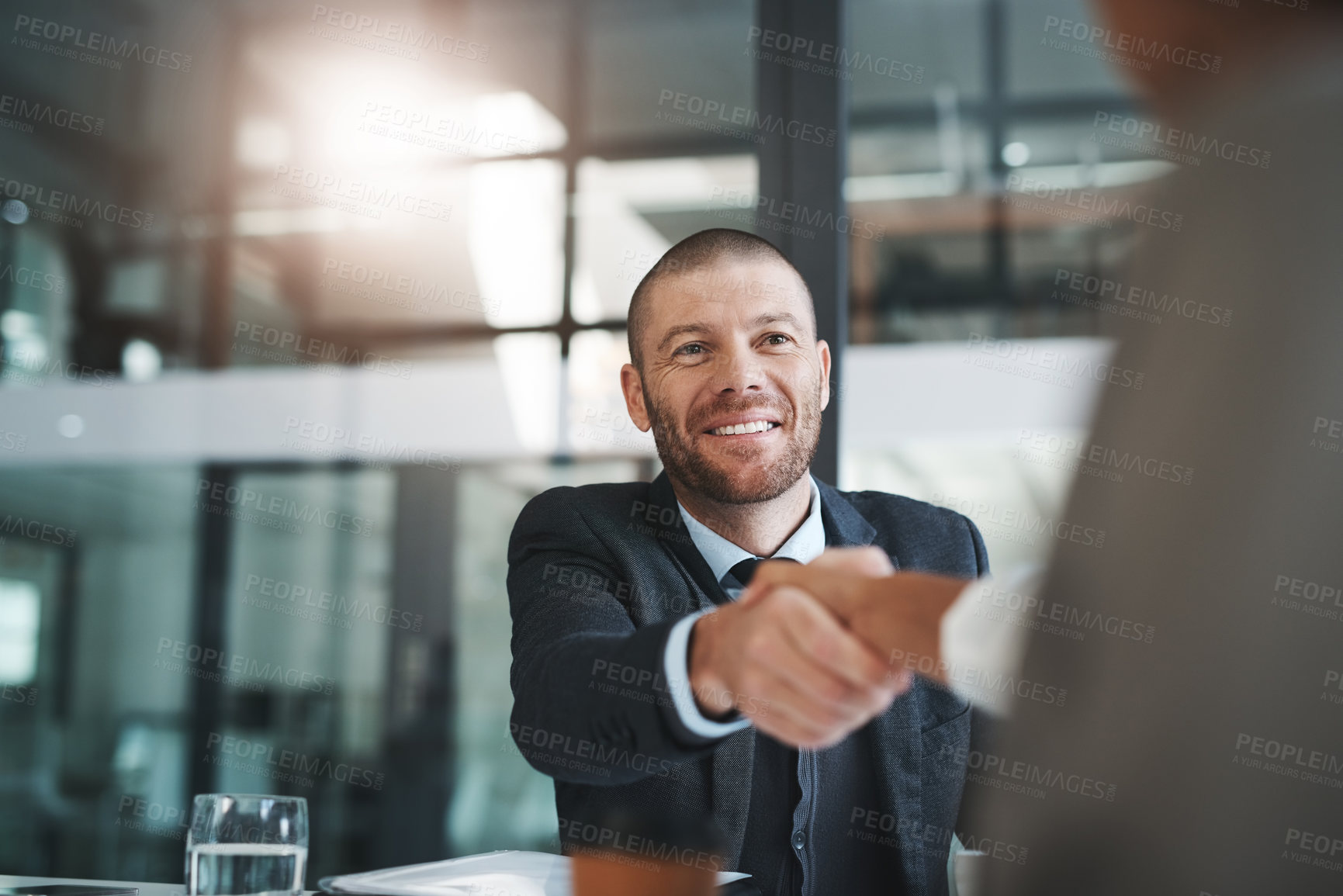 Buy stock photo Business people, handshake and partnership in meeting for hiring, deal or b2b agreement at office. Happy businessman shaking hands in recruiting, teamwork or introduction and welcome at the workplace