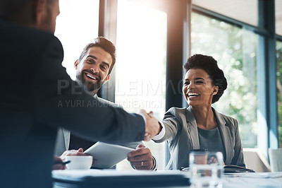 Buy stock photo Happy business people, handshake and meeting in teamwork for partnership or collaboration in boardroom. Woman person shaking hands in team recruiting, introduction or b2b agreement at the workplace