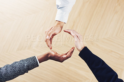 Buy stock photo Teamwork, recycle or hands of business people in circle for motivation, support or sustainability in office. Diversity, recycling hand or above of employees for goals, community or partnership group