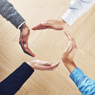 Buy stock photo Teamwork, recycling or hands of business people in circle for motivation, support or sustainability in office. Diversity, recycle or above of employees for goals, community help or partnership group
