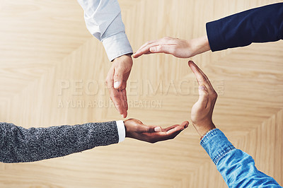 Buy stock photo Diversity, recycling or hands of business people in circle for motivation, support or sustainability in office. Teamwork, recycle or above of employees for goals, community help or partnership group