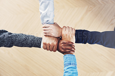 Buy stock photo Team building, link or hands of business people with diversity for community support or teamwork in office. Zoom, above or group of employees with joint mission, trust or hope for goals together 