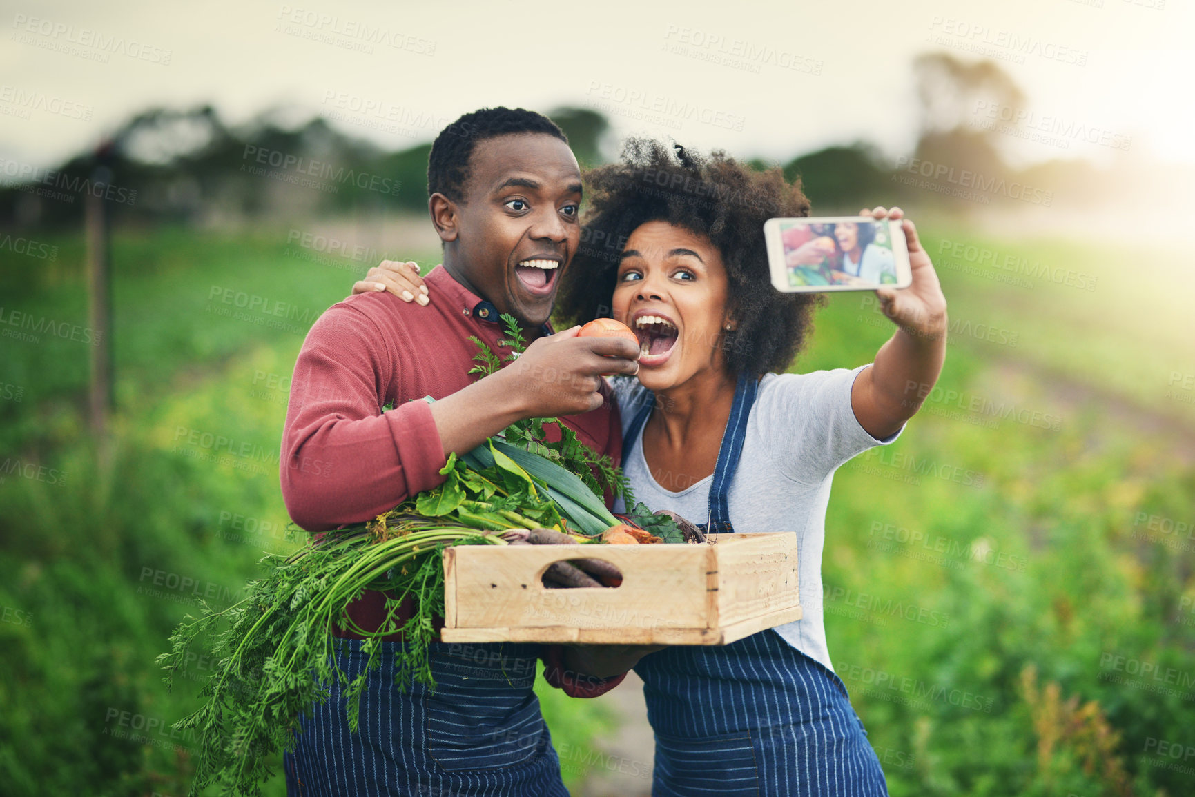 Buy stock photo Black Man, woman and selfie with technology for agriculture, profile picture for social media or blog. Happy couple, smile and agro business for green environment, together for face photography