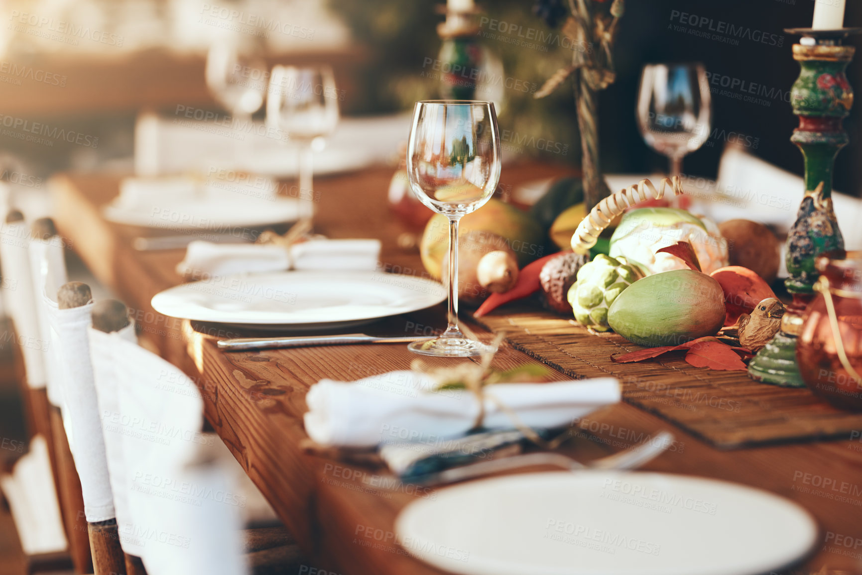 Buy stock photo Thanksgiving, christmas and table decoration for lunch, party and celebration with glasses, plate or zoom in home. Dinner table, wineglass or holiday event or celebration xmas, feast or table setting