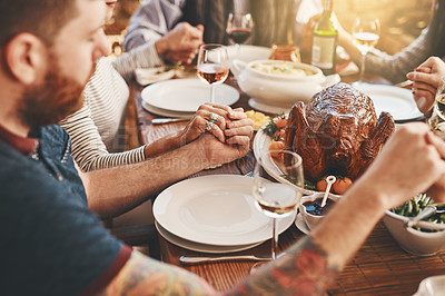 Buy stock photo Chicken, prayer and family holding hands praying for food to God or Jesus on a Christmas holiday party at home. Trust, peace and Christian people in gratitude eating dinner at a social gathering 