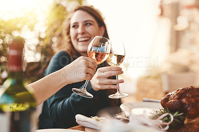 Buy stock photo Wine, glasses and toast people at restaurant for thanksgiving, holiday celebration and fine dining lifestyle in winery or hospitality. Champagne, alcohol and woman celebrate, cheers and social event