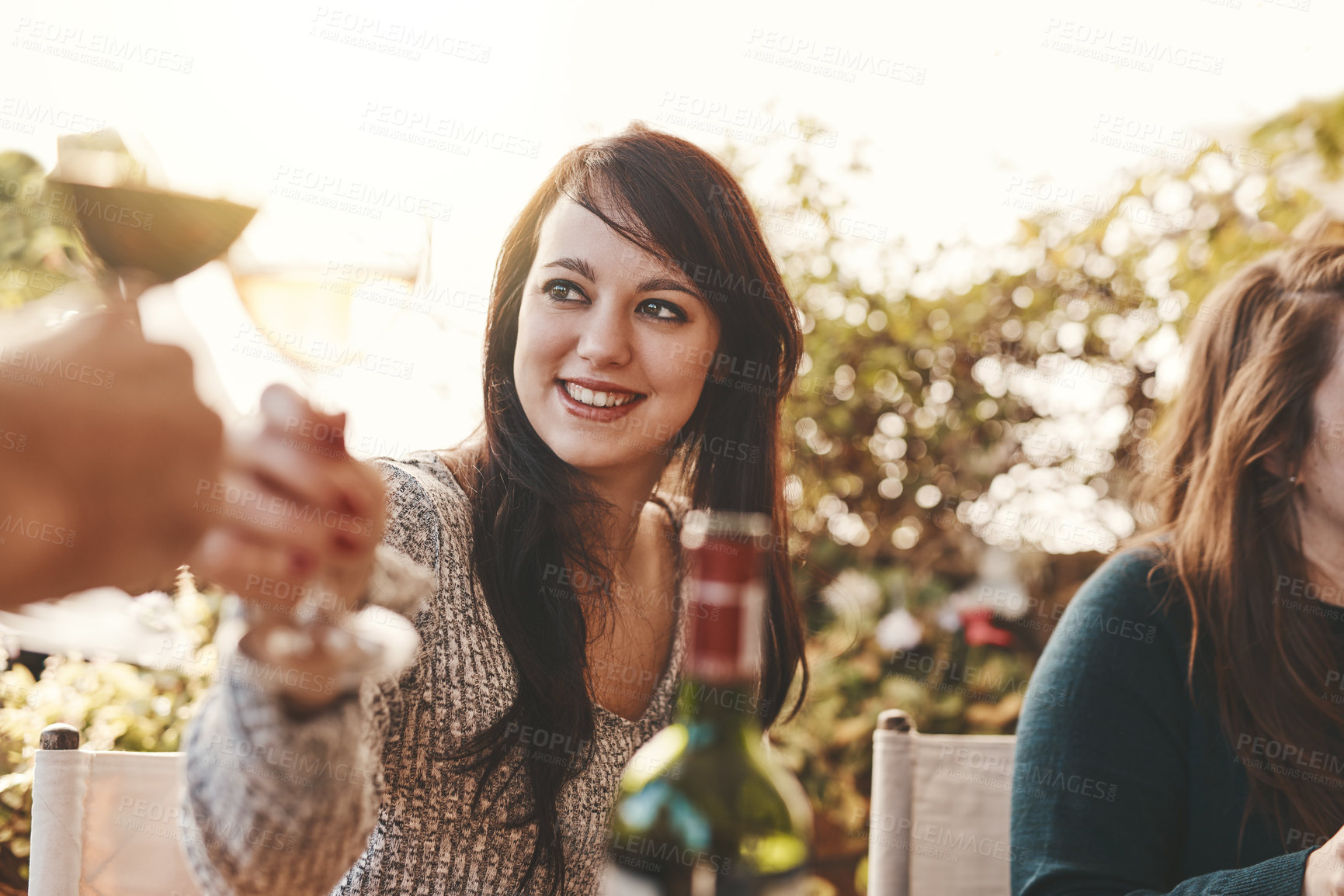 Buy stock photo Toast, celebration and woman with glass of wine at family lunch in a garden for Christmas. Cheers, party and girl with a drink of alcohol, wine glass and happiness during an outdoor dinner in nature