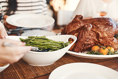 Buy stock photo Hands, thanksgiving turkey or green beans food on dining table in holiday celebration, social gathering or lunch party event. Zoom, meal or festive family, friends or people bonding at healthy buffet